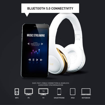 iJoy ISO Bluetooth 5.0 Wireless Over Ear Foldable Stereo Headphones with 30 Hours Battery and Built-in Microphone, (White/Gold)