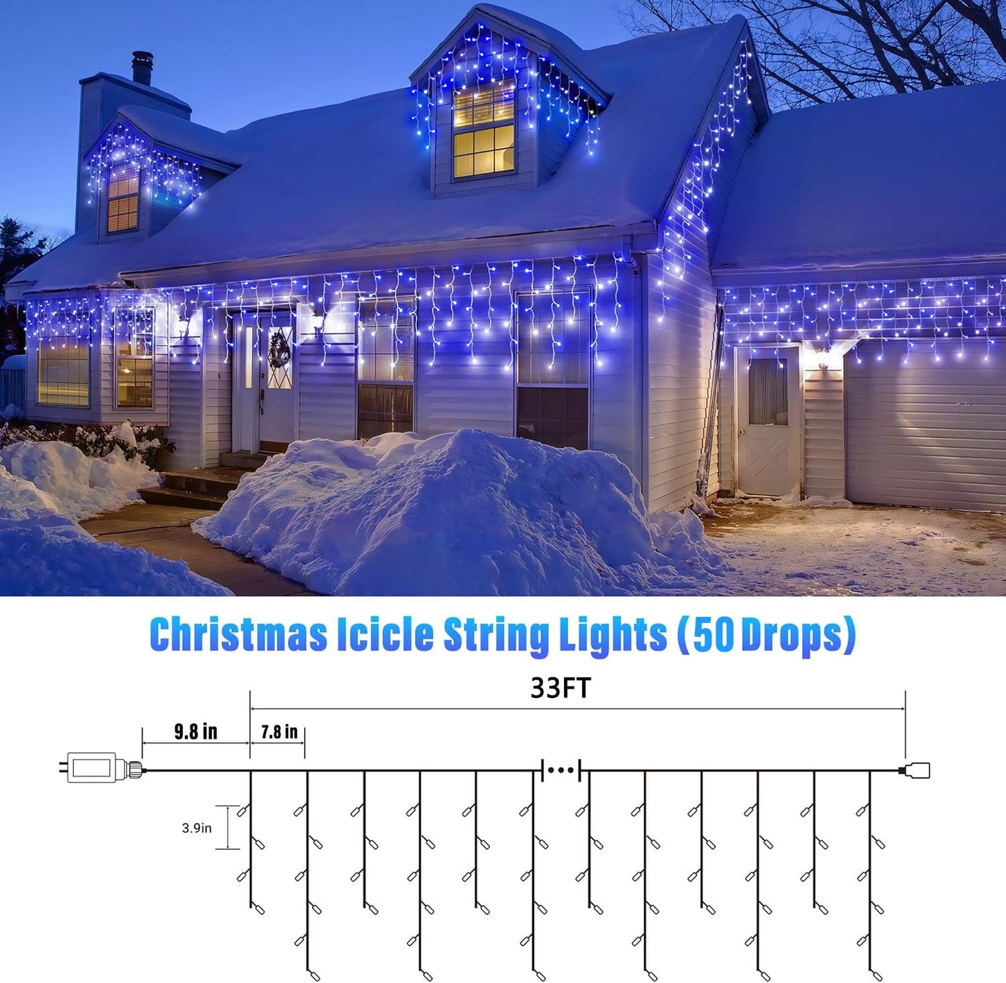 Joomer Christmas Icicle Lights - 33FT Plug in String Lights Waterproof, 8 Modes Timer Connectable Outdoor String Light for Christmas Party, Eaves, Roofs, Xmas Decorations (White+Blue)