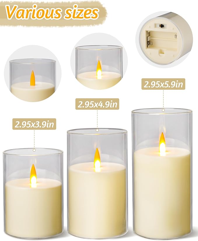 Upinmz Flickering Flameless Candles with Remote and Timer，Battery Operated Acrylic LED Pillar Candles ，for Christmas Decorations Home Decorations ，Set of 3