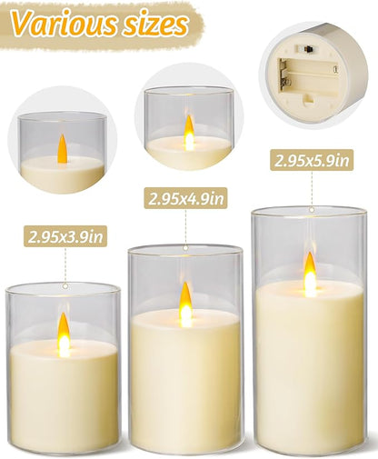 Upinmz Flickering Flameless Candles with Remote and Timer，Battery Operated Acrylic LED Pillar Candles ，for Christmas Decorations Home Decorations ，Set of 3