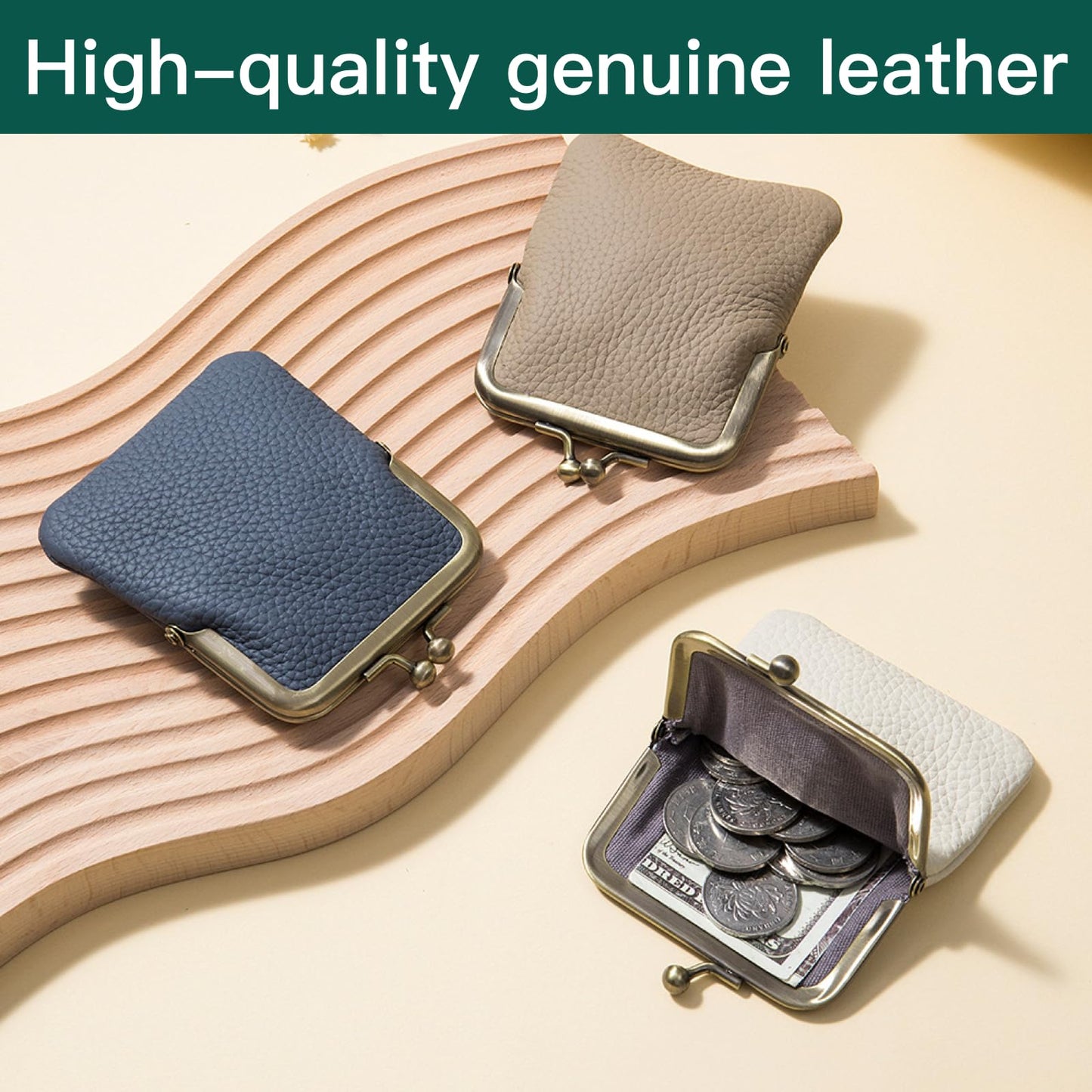 Genuine Leather Kiss Lock Coin Purse, Mini Wallet with Metal Clasp Frame, Small Change Holder，gift for women men (White)