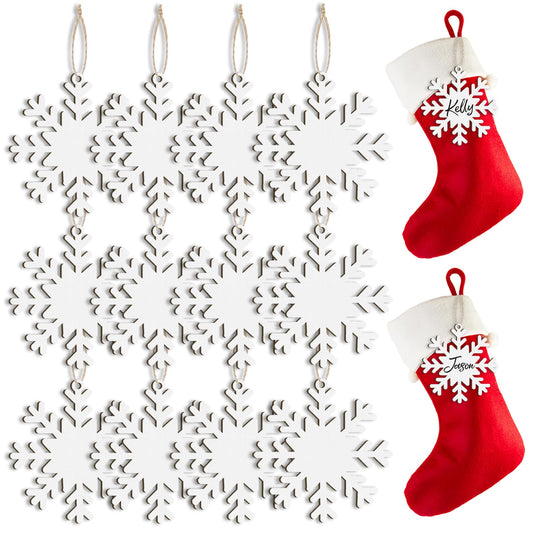 12 Pcs Name Tags for Christmas Stockings, Personalized Wooden Stocking Labels Gift Tags, Rustic Hanging Ornament Stocking Name Tags with White Snowflake Designs for Christmas Tree Decorations (Snow)