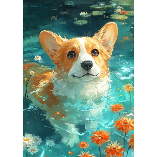 1000 Piece Jigsaw Puzzle for Adults, Adorable Corgi Puppy Swimming in a Lotus Pond Watercolor Art, Cute Animal Puzzle for Dog Lovers & Stress Relief, Charming Home Decor