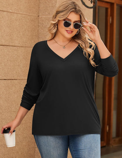 IN'VOLAND Womens Plus Size Long Sleeve Shirts V Neck Basic Tee Tops Loose Fit Fall Outfits for Women 1X-5X