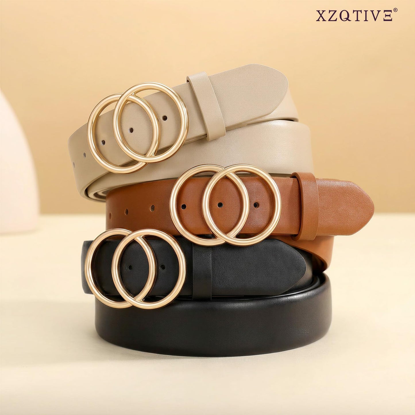 XZQTIVE 3 Packs Women's Leather Belts For Jeans Dresses Pants Fashion Ladies Waist Belt with Double O-Ring Gold Buckle