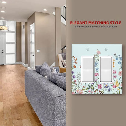 Rustic Wild Floral Vintage Blue Watercolor Flower 2 Gang Rocker Decora Light Switch Covers Decorative Unique Dual Outlet Covers Wall Plate Electrical Faceplate Switchplate GFCI for Bedroom