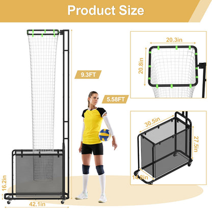 Volleyball Setter Training Equipment, Setting Trainer Net with Target Hoop, 5 Angles Adjustable, Height Adjustable for Serving Spiking Drills System with Ball Collection Bag