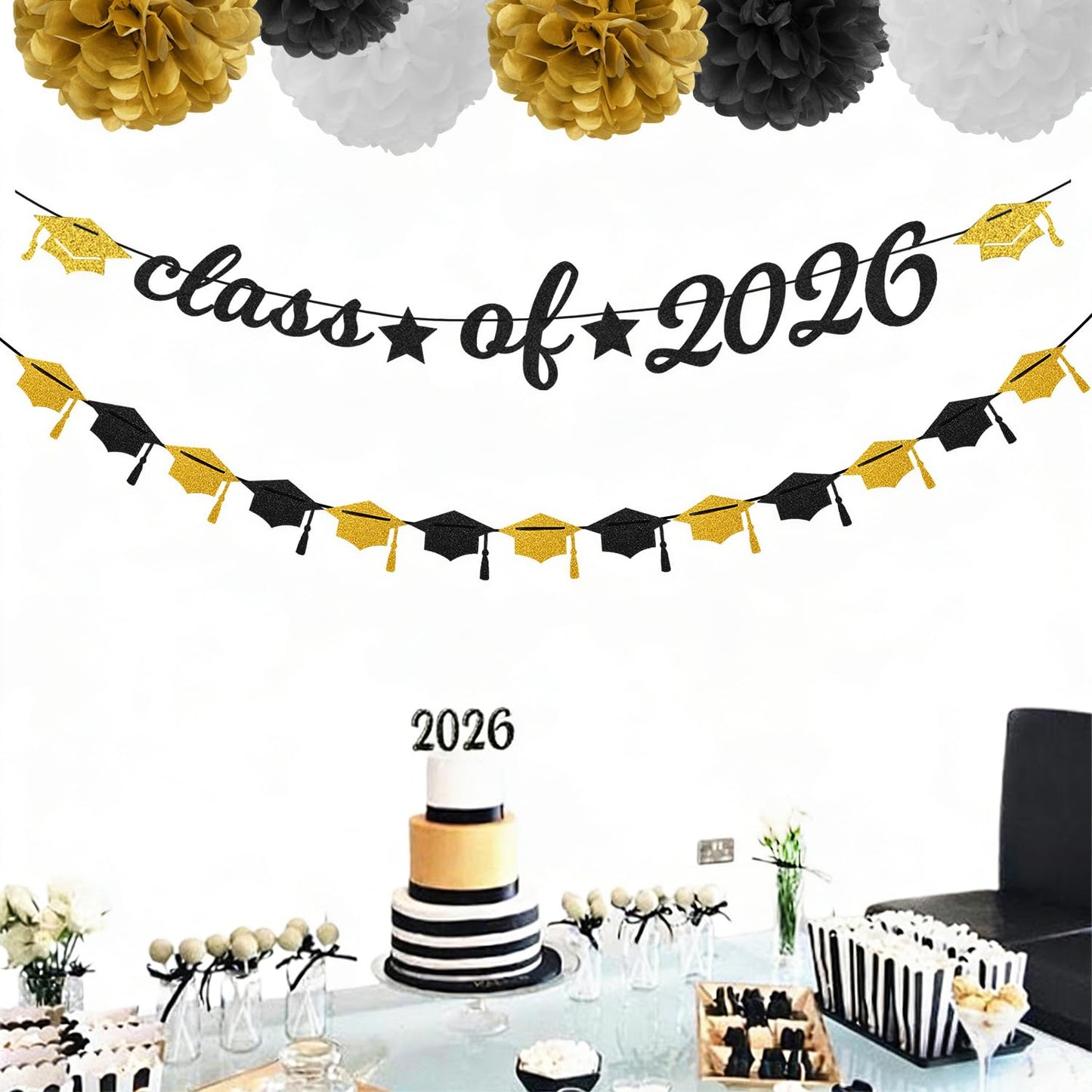 Black-White Gold Party-Decorations Graduation Banner - 8pcs Kits Class of 2026 Cap Garland Streamers, Paper Tissue Pom Poms Flowers, Congratulations Grad Decor Lasting Surprise