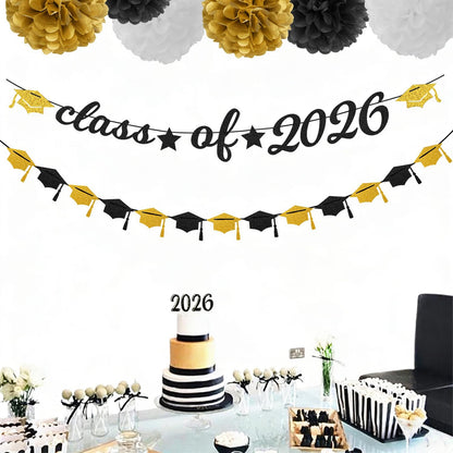 Black-White Gold Party-Decorations Graduation Banner - 8pcs Kits Class of 2026 Cap Garland Streamers, Paper Tissue Pom Poms Flowers, Congratulations Grad Decor Lasting Surprise