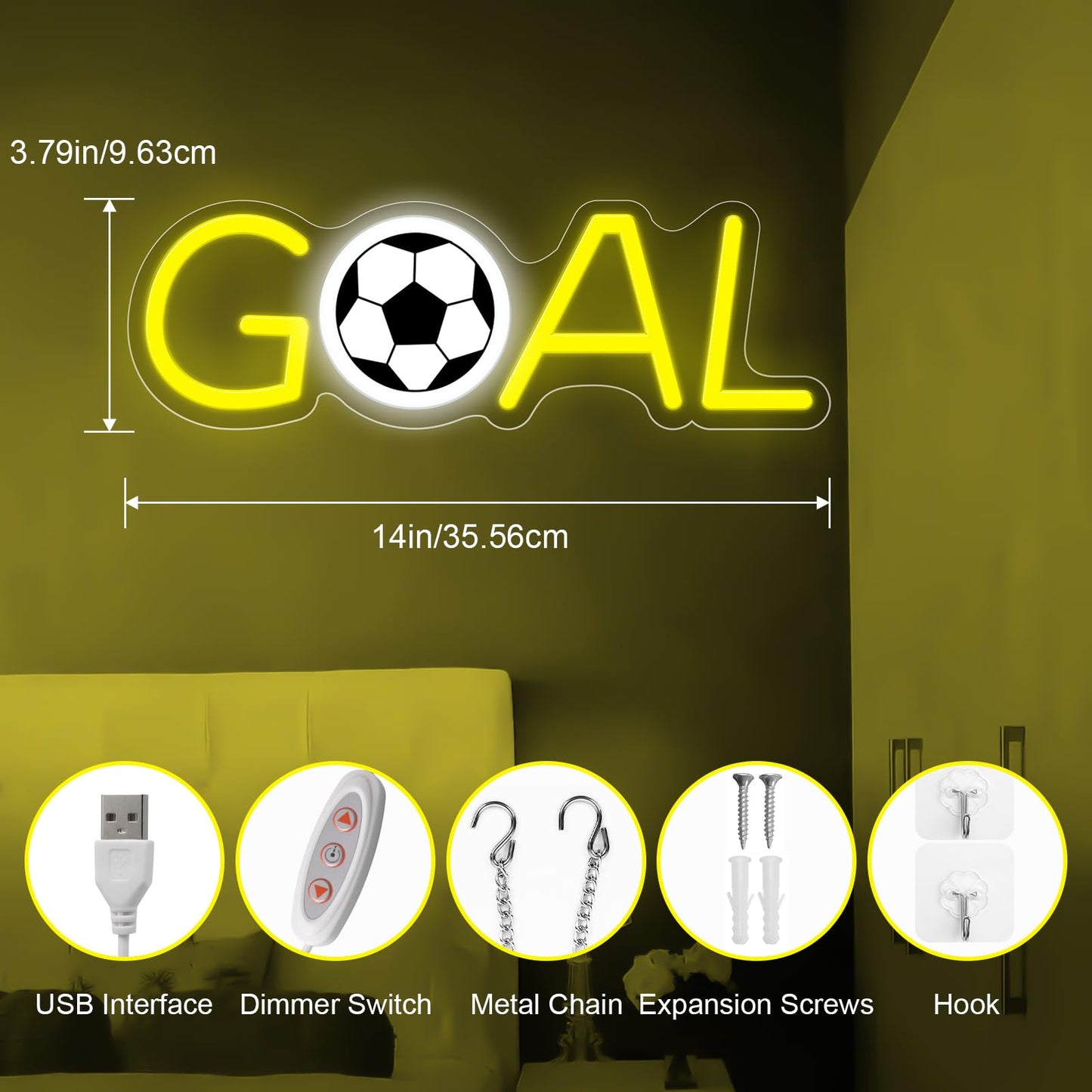 Soccer Neon Sign, Goal Neon Light for Wall Decor, Powered by USB Sport Theme Light Up Sign for Boys Girls Kids Game Room Bedroom Club Decor Kids Gifts