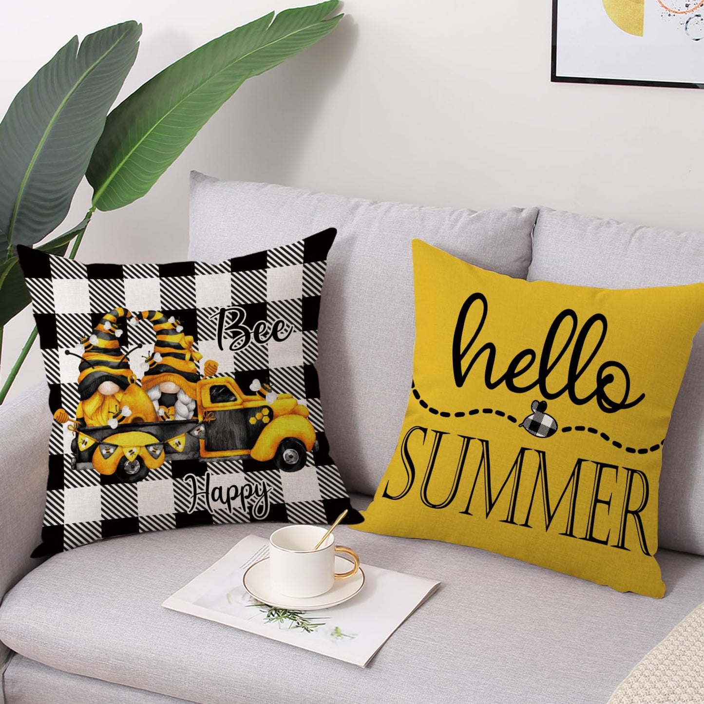 Coeufuedy Summer Bee Throw Pillow Covers 18 x 18 Set of 4 Black and White Buffalo Check Plaids Gnome Bee Summer Decorative Cushion Case for Sofa Couch Garden