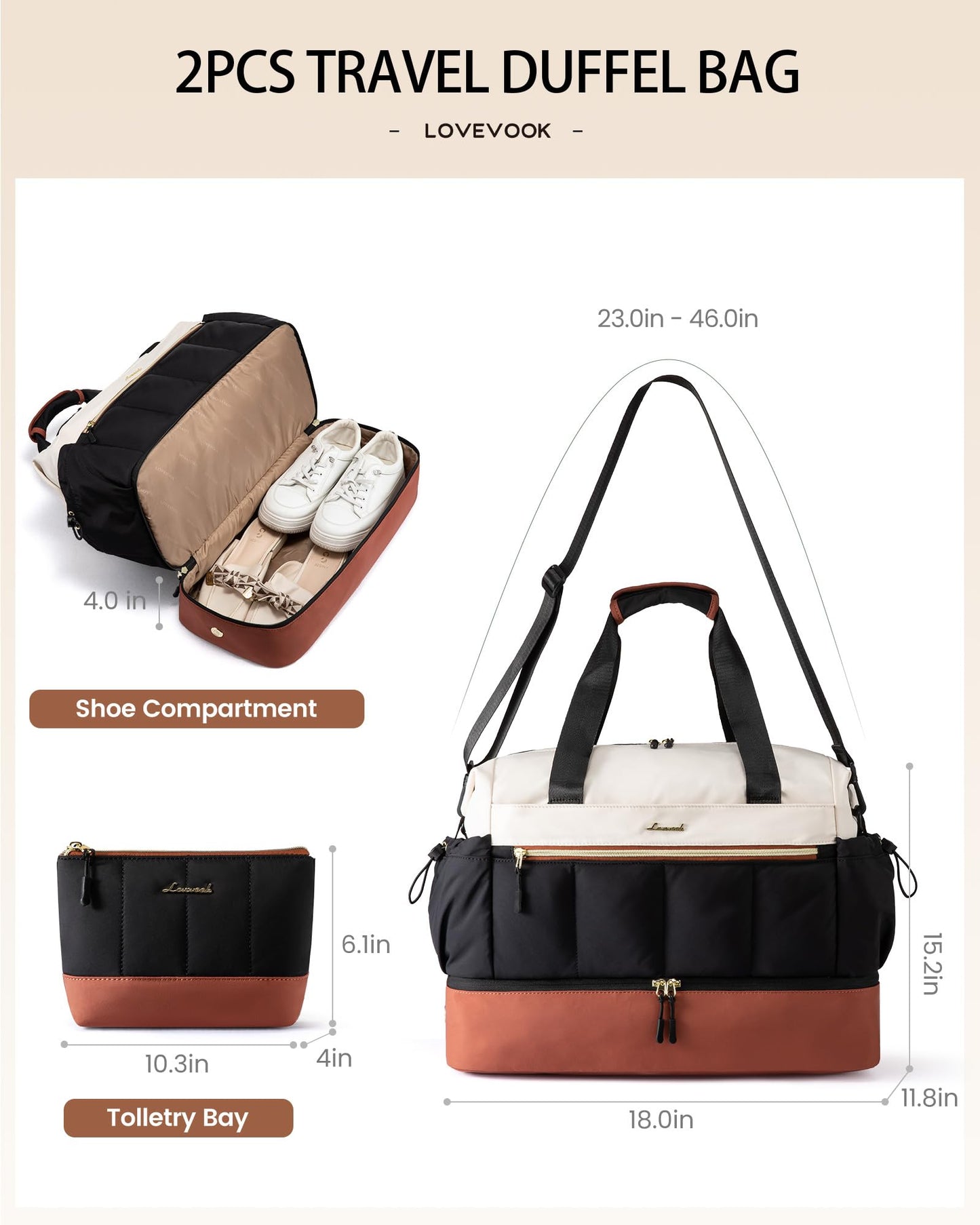 LOVEVOOK Travel Duffel Bag, Weekender Bags for Women, Large Overnight Bags with Shoe Compartment, 38L Carry on Gym Hospital Bag with Wet Pocket, 2 Pcs