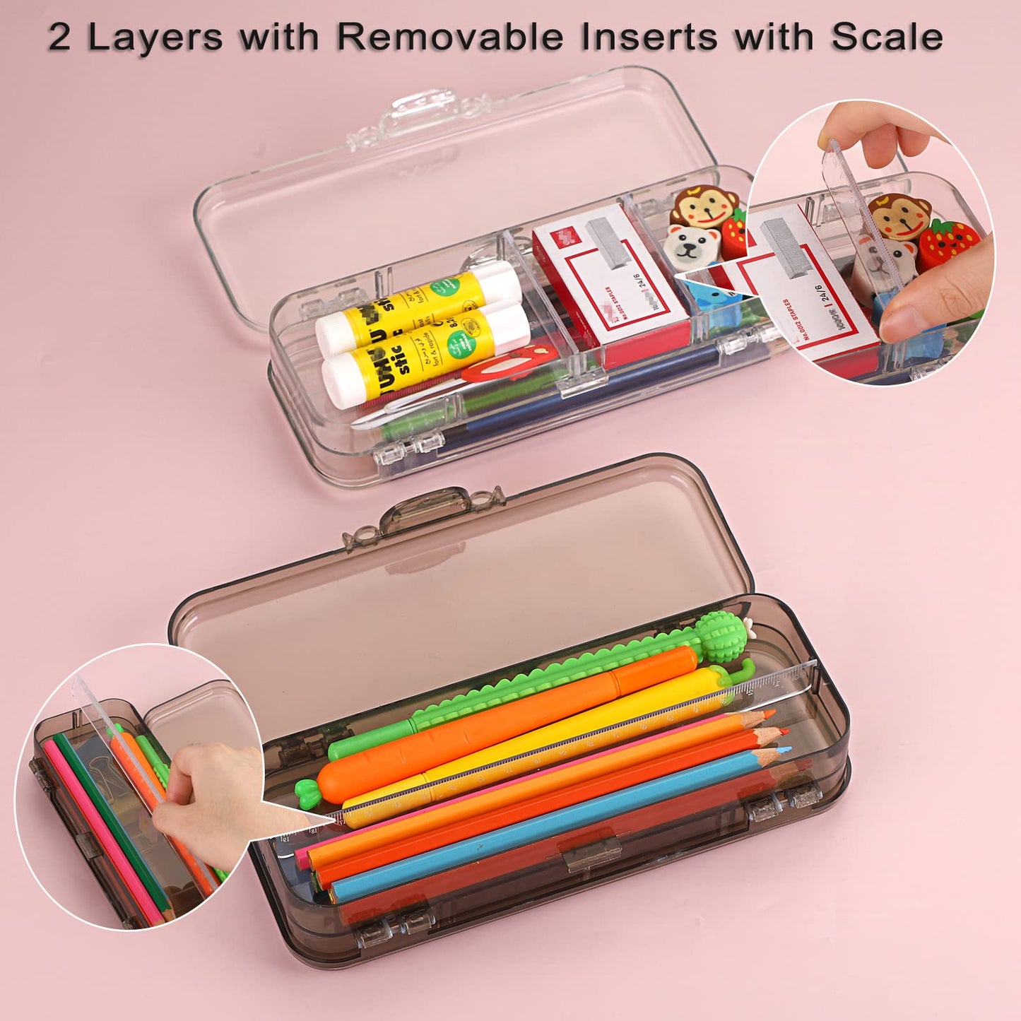 BTSKY Double Deck Pencils Box Clear Plastic Stationery Box with 4 Removable Ruler Dividing Spacers Multi-grid Home Utility Boxes with 6 Compartments for Pencils Erasers Clips (Clear)