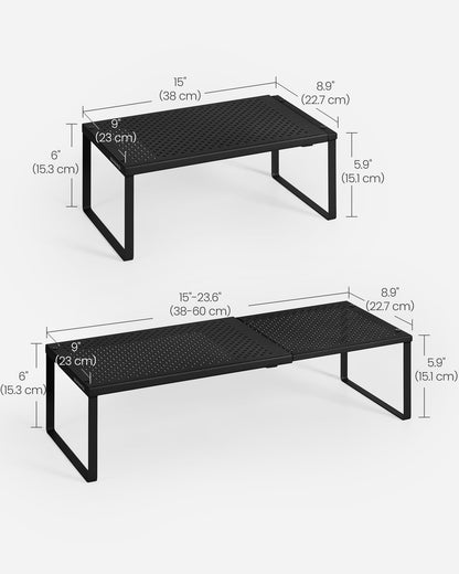 SONGMICS Set of 2 Expandable Pantry Kitchen Organizers, Adjustable Spice Rack, Stackable Cabinet Organizers, Metal, Space-Saving Tabletop Shelves, Matte Black UKCS402B01