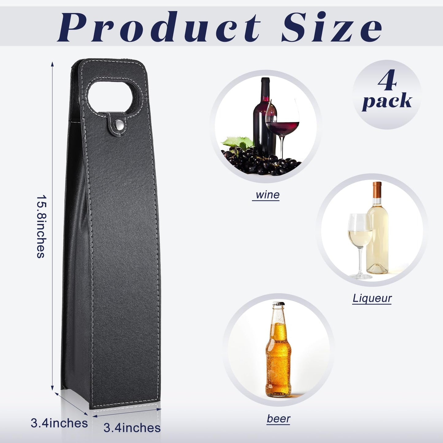 Abbylike 4 Pcs Wine Tote Bag Reusable Leather Wine Carrier Purse Case Holder Single Bottle Champagne Beer Gift Bags for Wedding Birthday Party, Black