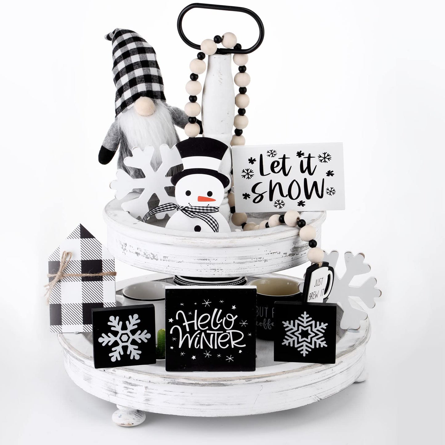 Sawysine 8 Pieces Winter Tiered Tray Decor, Let It Snow Sign Decor Farmhouse Snowflake Wooden Signs for Holiday Shelf Kitchen Coffee Bar(Black, White)