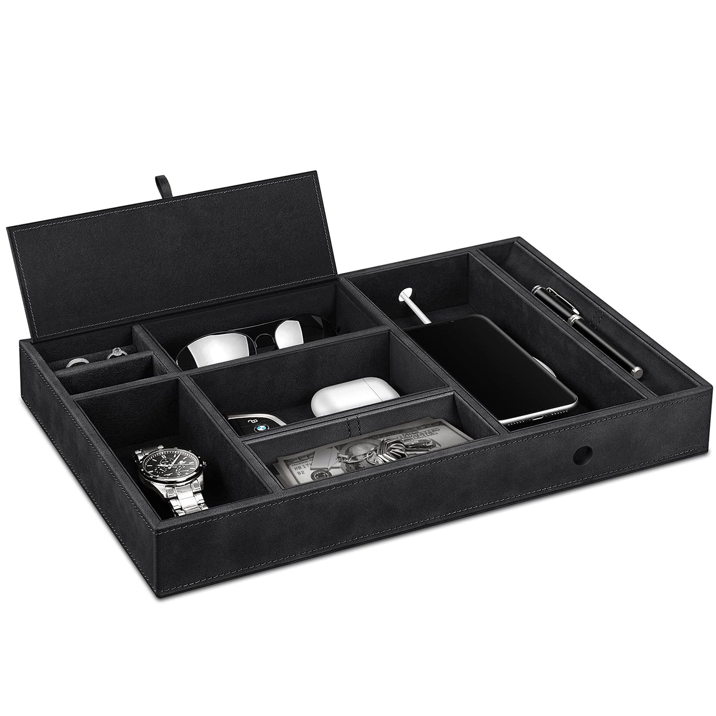 SITHON Valet Tray Desktop Organizer - 8 Compartments Catchall EDC Tray PU Leather Bedside Vanity Nightstand Caddy Coin Box Key Jewelry Storage Organizer, Black