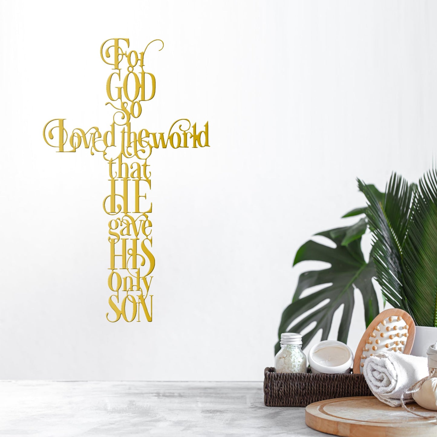 Rajukit Jesus Wall Art, Gold Cross Wall Decor with For God So Loves the World Quote, Religious Cross Decor for Home, Office, Cafe, Elegant Metal Wall Sculpture Gift