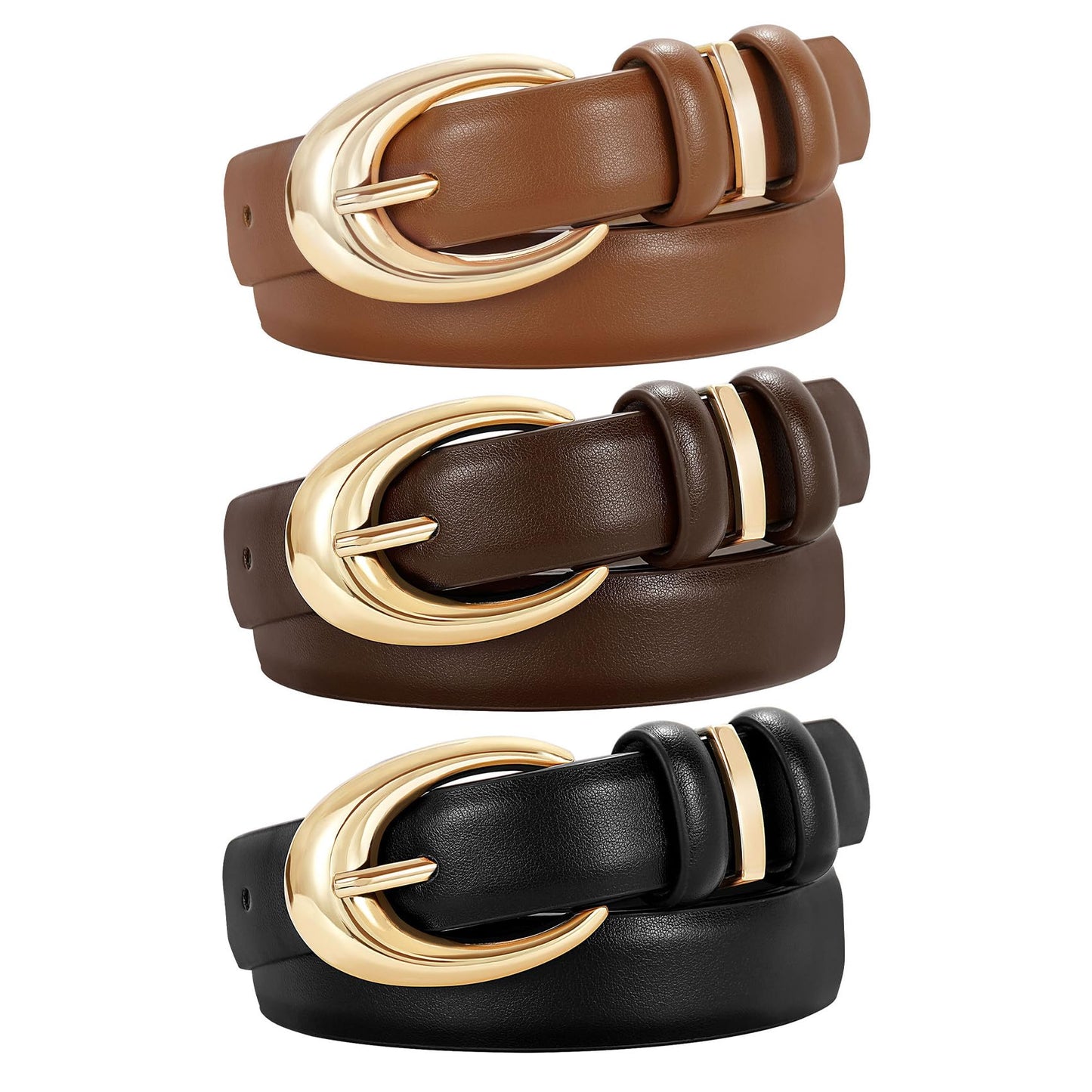 TRIWORKS 3 Pack Women Leather Belt for Jeans Pants Fashion Ladies Faux Leather Belt with Gold Buckle