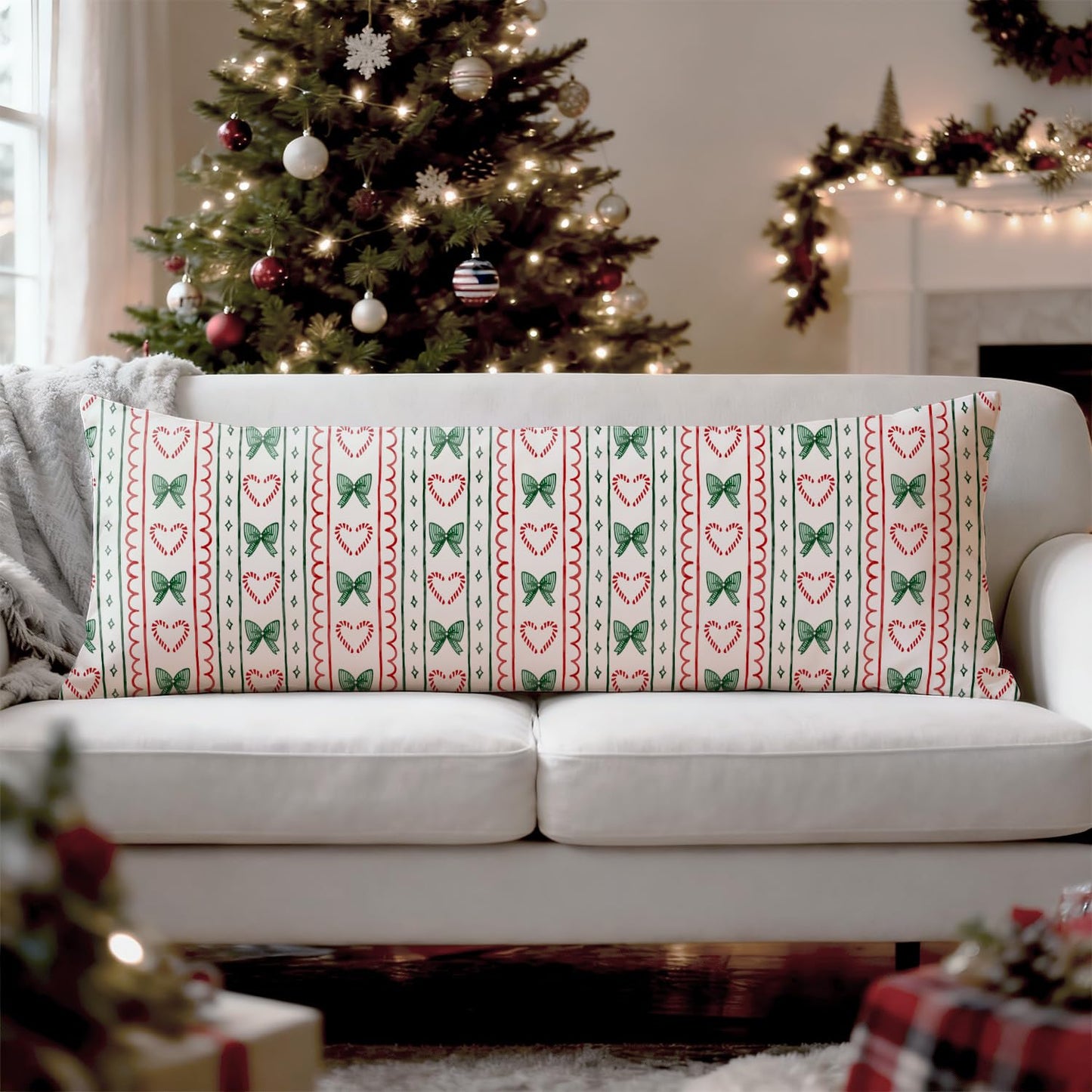 Mancheng-zi Coquette Bow Candy Cane Christmas 20x54 Body Pillow Cover Pillowcase with Zipper, Preppy Girly Christmas Decor, Retro Red and Green Xmas Decorative Long Hug Pillow Cases for Bed Couch
