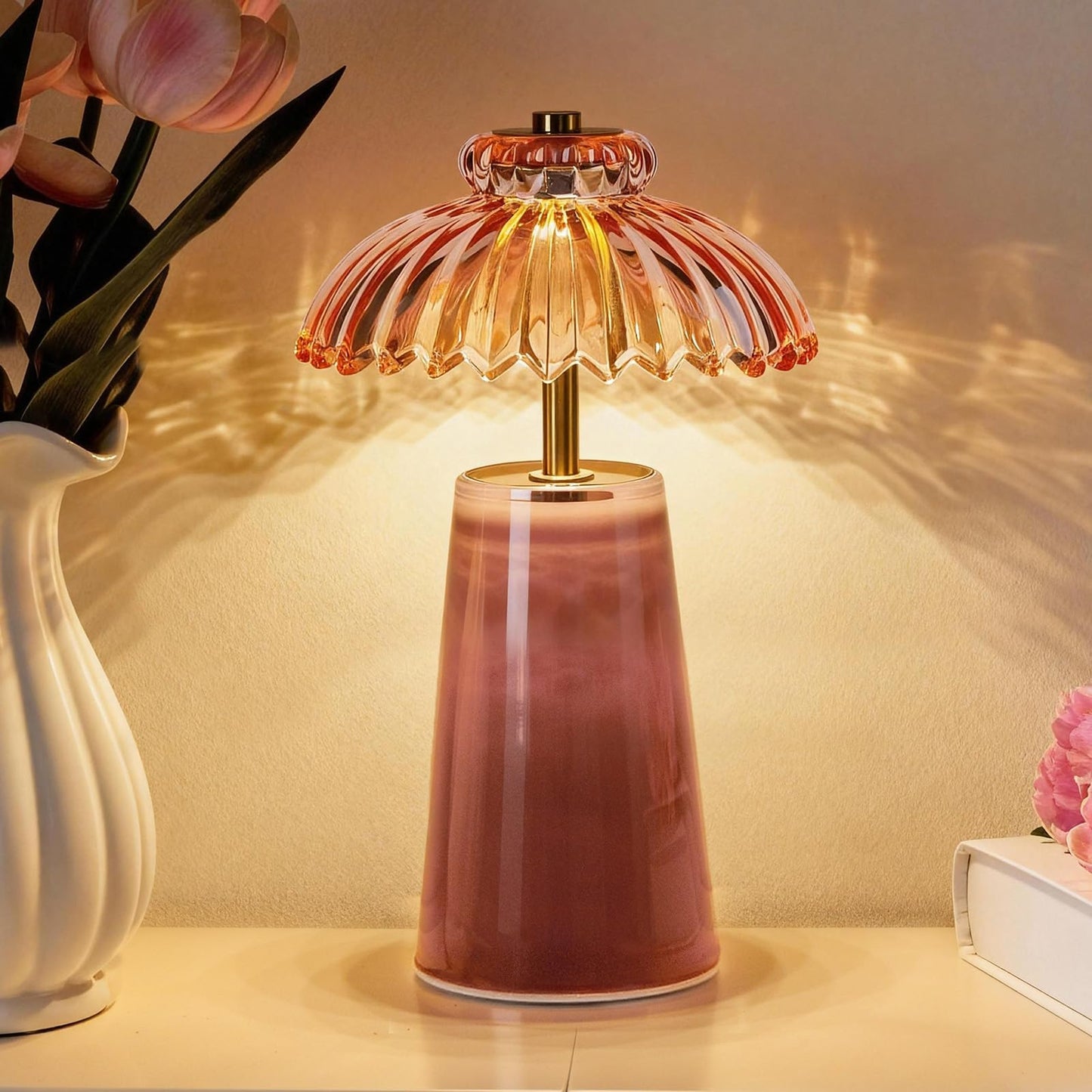 MJ PREMIER Cordless Lamp, Battery Operated Lamp with Timer, Crystal Glass Flower Lampshade, Small Table Lamps, Decorative Led Light for Bedroom Living Room Shelf (L-Pink)