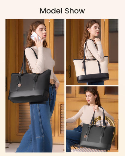 LOVEVOOK Work Tote Bag for Women 17.3 Inch Laptop Computerk Bags with Cup Holder, Large Teacher Bag Briefcase for Business Office Travel Black-White, Nylon&PU