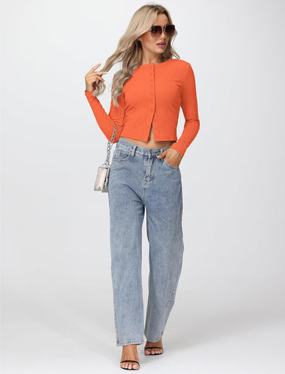 Womens Long Sleeve Tops Fall Lightweight Cardigan Cropped Going Out Shirts Ribbed Button Down Cute Trendy 2025