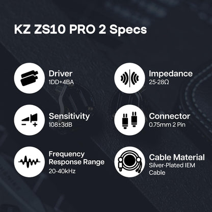 Linsoul KZ ZS10 PRO 2 In Ear Monitor IEM, 1DD+4BA Hybrid Wired Earbuds, with 4-Level Tuning Switch, 3-Way Crossover Gaming Earbuds, Silver-plated IEM Cable for Musician Audiophile (Black, Without Mic)