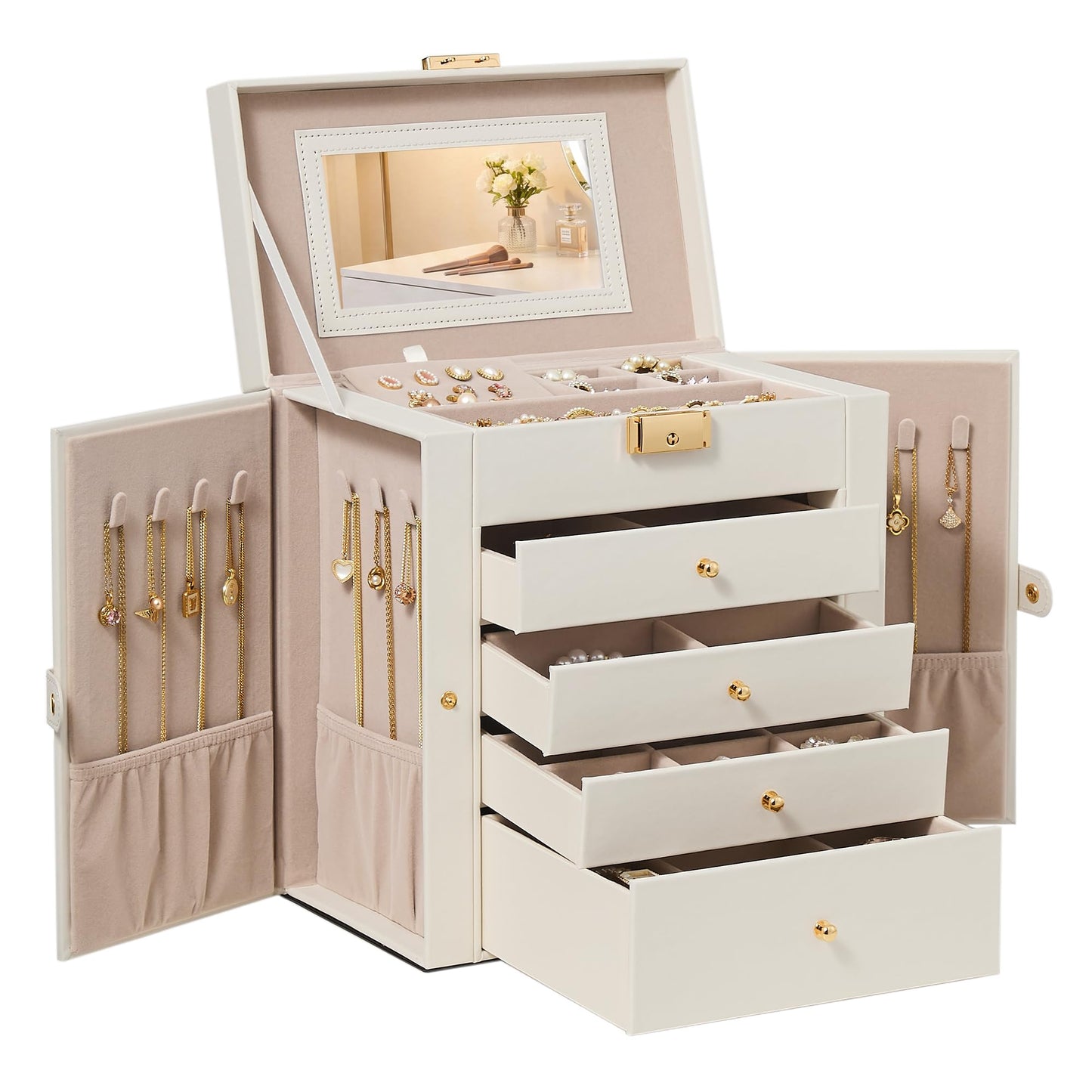 SONGMICS 5-Layer Jewelry Box Organizer with 4 Drawers, Jewelry Storage Case with Lock and Mirror, Large Storage Capacity, Gift for Loved Ones, for Necklaces, Watches, Cream White UJBC153WD01S