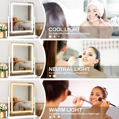 Makeup Vanity Mirror with Lights 15.2" Large LED Lighted Mirror, Hollywood Make Up Mirror with Lighting for Bedroom Tabletop, Smart Touch,Detachable 10X Magnification 360° Rotation, (White)