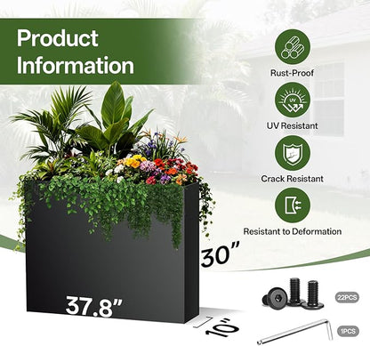 Metal Planter Box 38" x 10"x 30",Heavy-duty Galvanized Steel Outdoor Planter with Removable Built-in shelf and Drainage Holes,Rectangular Planter for Porches, Gardens, Patios, and Courtyards，Black