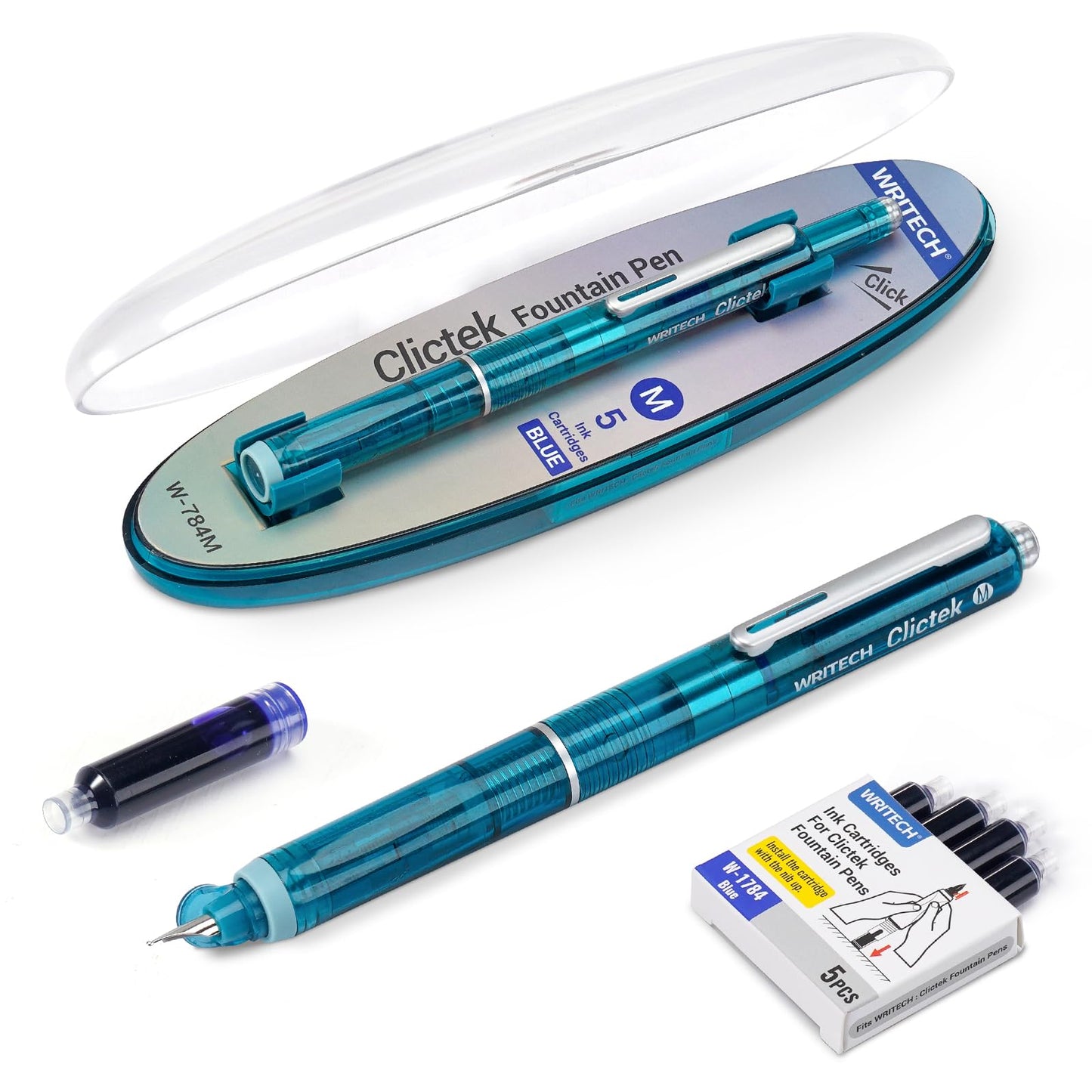 WRITECH Clictek Fountain Pen Set: Retractable Style Blue Ink Medium Nib Transparent Barrel, Includes 5 Ink Cartridges for Gift Set, Smooth Writing No Leaking