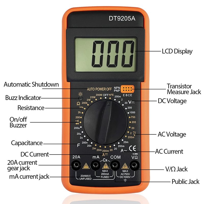 Sutekus Digital Multimeter AC DC Voltmeter Ohm Volt Amp Tester Resistance Capacitance Diode HFE Tester