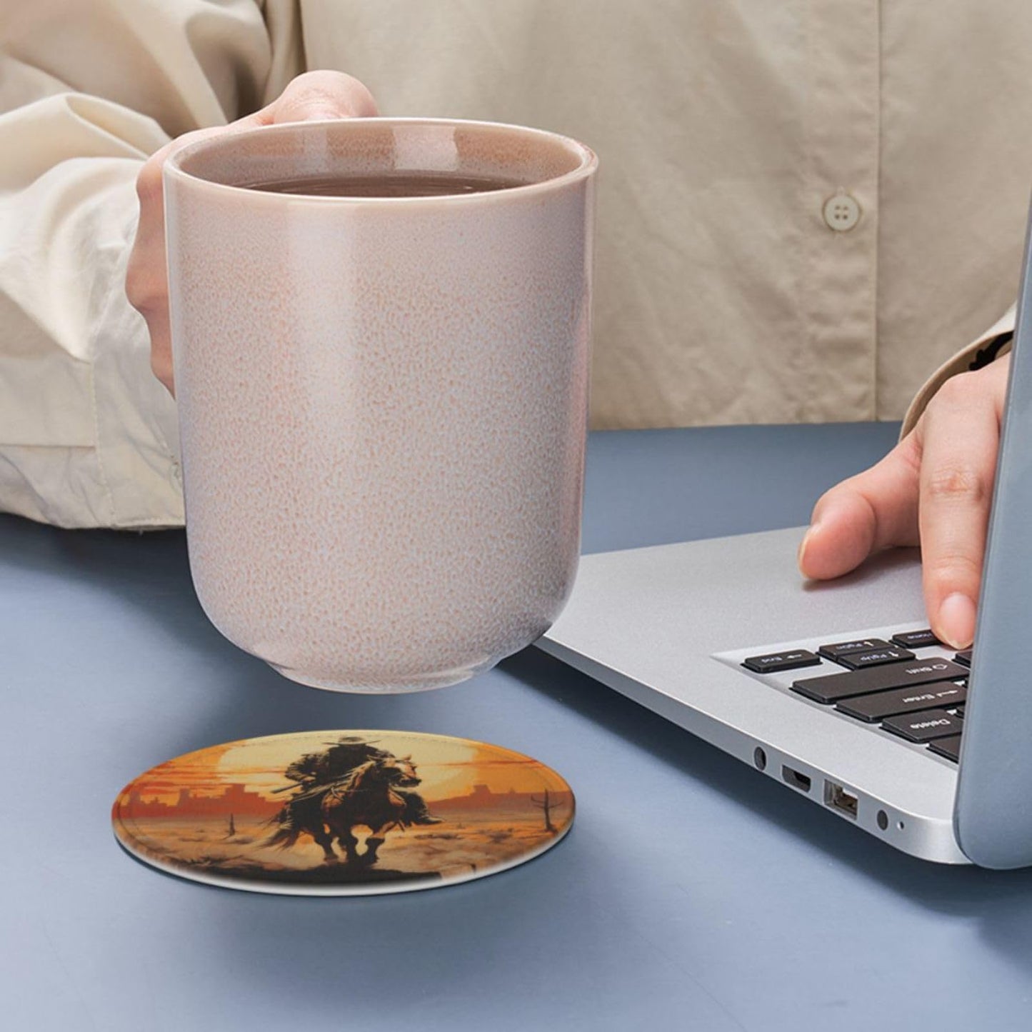 Famame 6 Pcs West Desert Cowboy Sunset Leather Coasters for Drinks with Holder Coaster Sets Drink Table Cup Coasters for Living Room Kitchen Coffee Decor