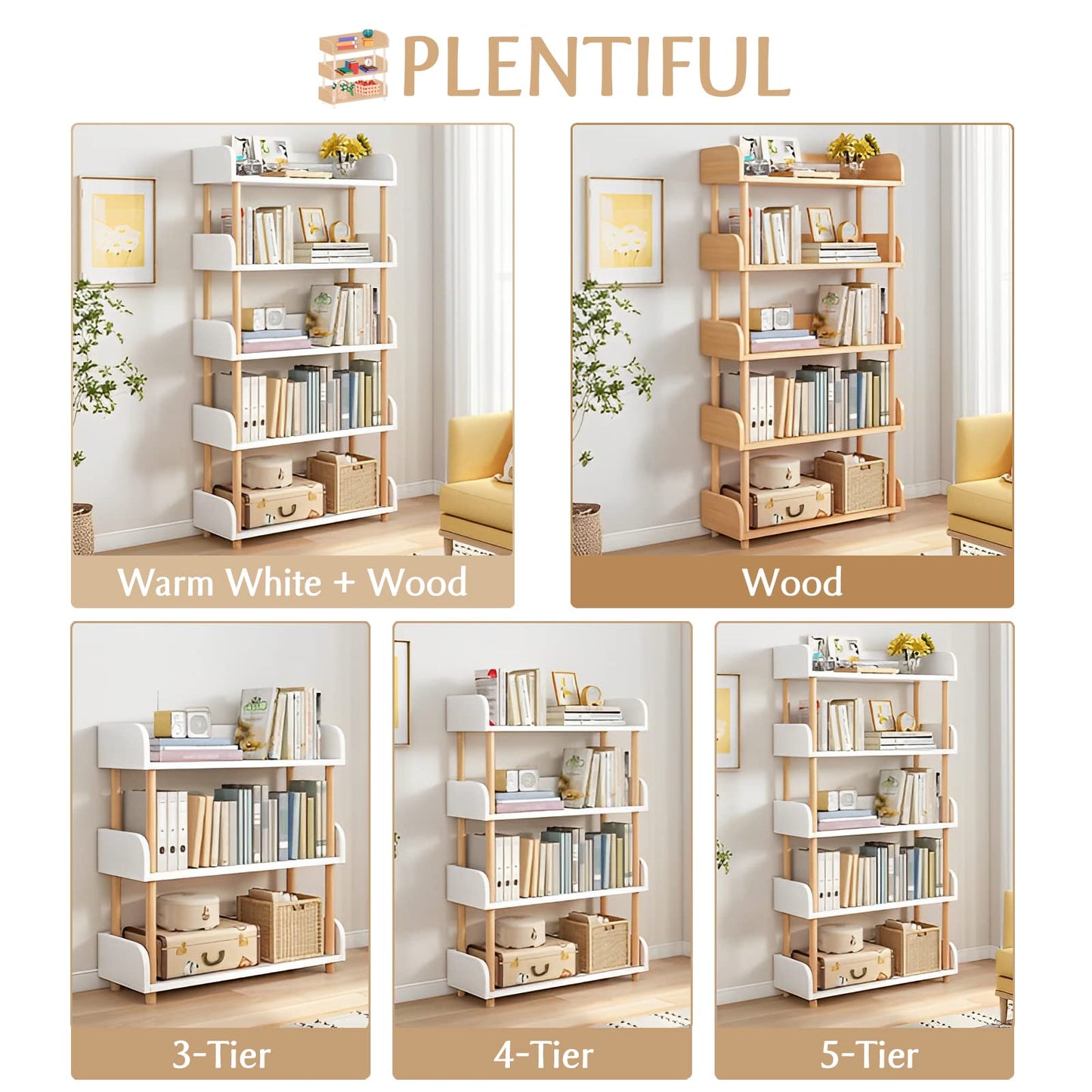 OSCHF 5-Tier Wooden Open Bookcase - Modern Display Bookshelf with Top Edge and Solid Wood Frame for Home and Office, Storage Cabinet, Warm White