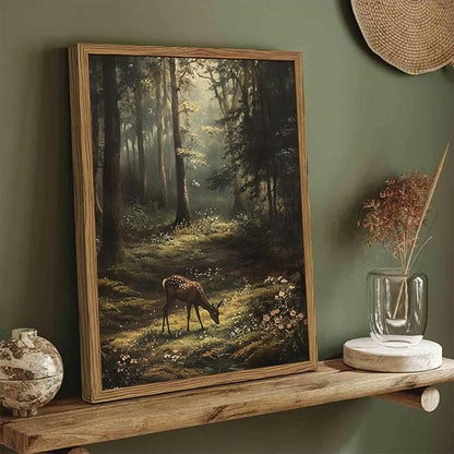 Framed Vintage Forest Deer Canvas Wall Art, Rustic Nature Landscape Paintings Wall Decor, Woodland Animal Pictures Prints Cottagecore Home Decor for Living Room Bedroom Office 16x24 inch