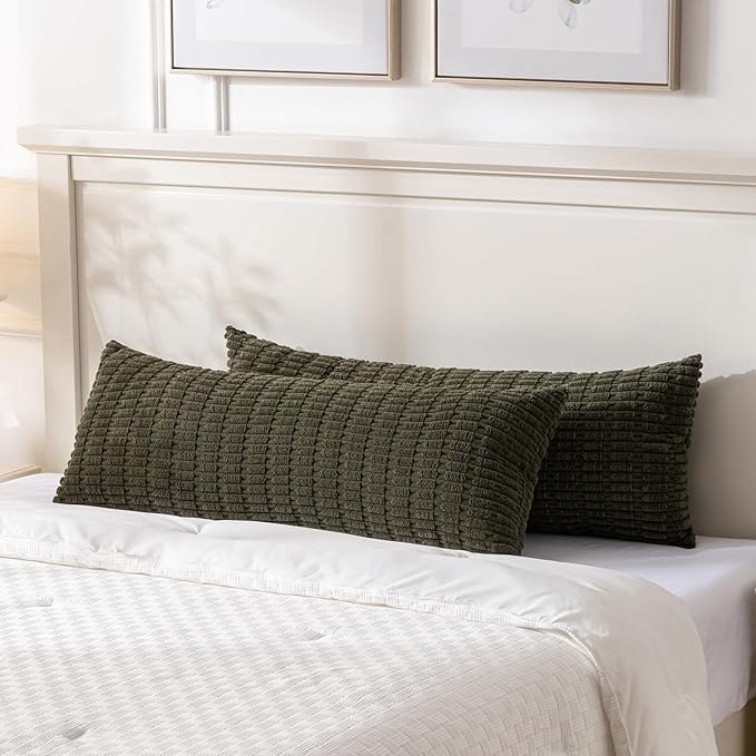 Fancy Homi Olive Green Long Body Lumbar Decorative Throw Pillow Covers 20x54 Inch for Bed Couch Bedroom, Soft Corduroy Rectangle Solid Pillow Case 50x137 cm, Rustic Farmhouse Boho Room Decor