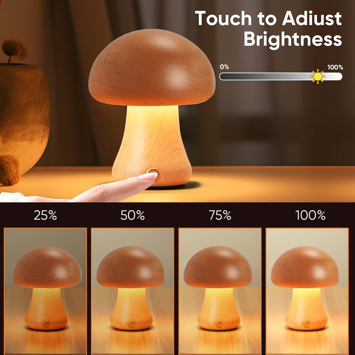 LONRISWAY Creative Wood Mushroom Table Lamp, Portable Cordless Small Lamp, Rechargeable Battery Operated Lamp,Stepless Dimming, Night Light for Birthday Gifts, Creative Home Decor Unique House Gift