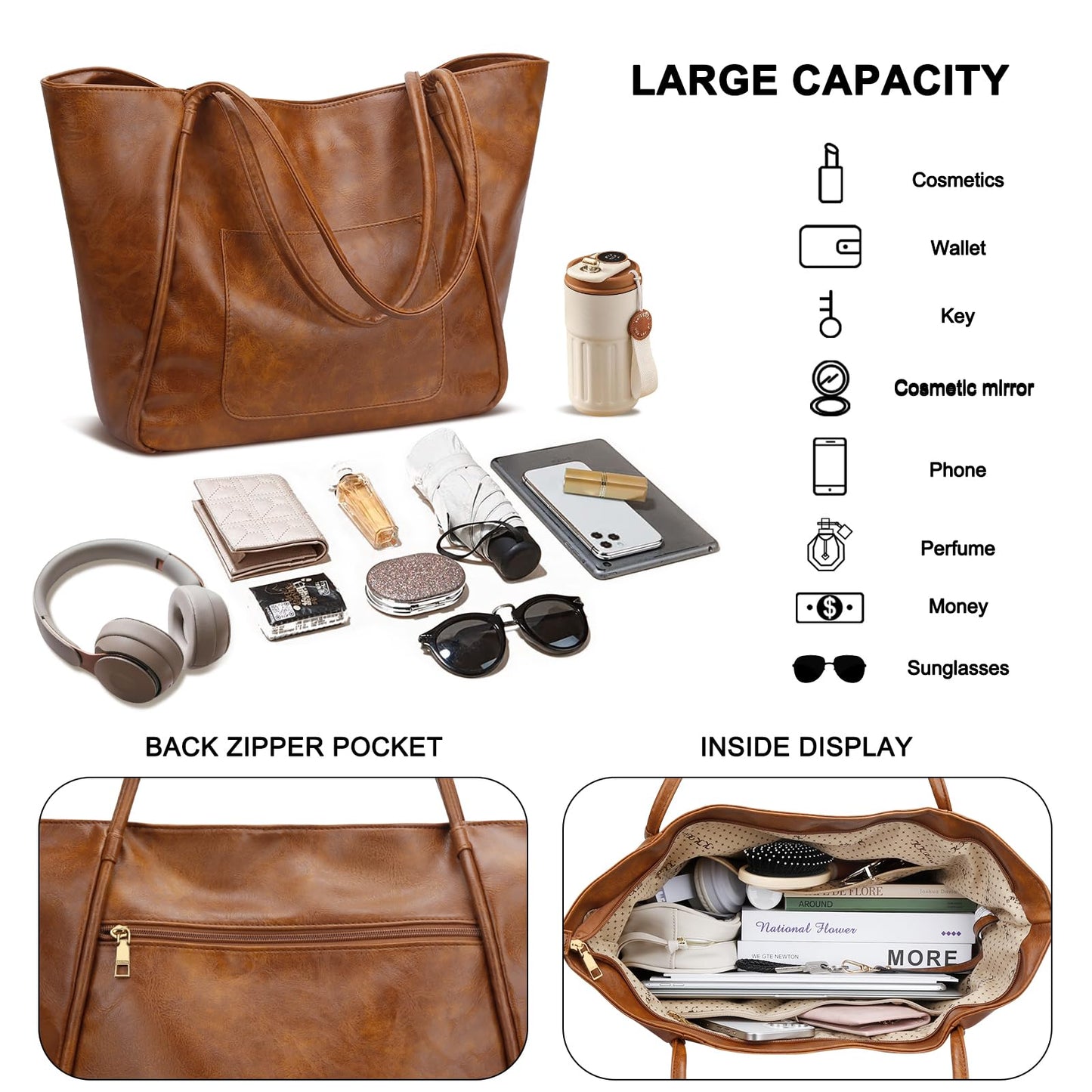 KKXIU Large Tote Bag for Women with Zipper Work Leather Travel Purse and Handbags - Dark Brown