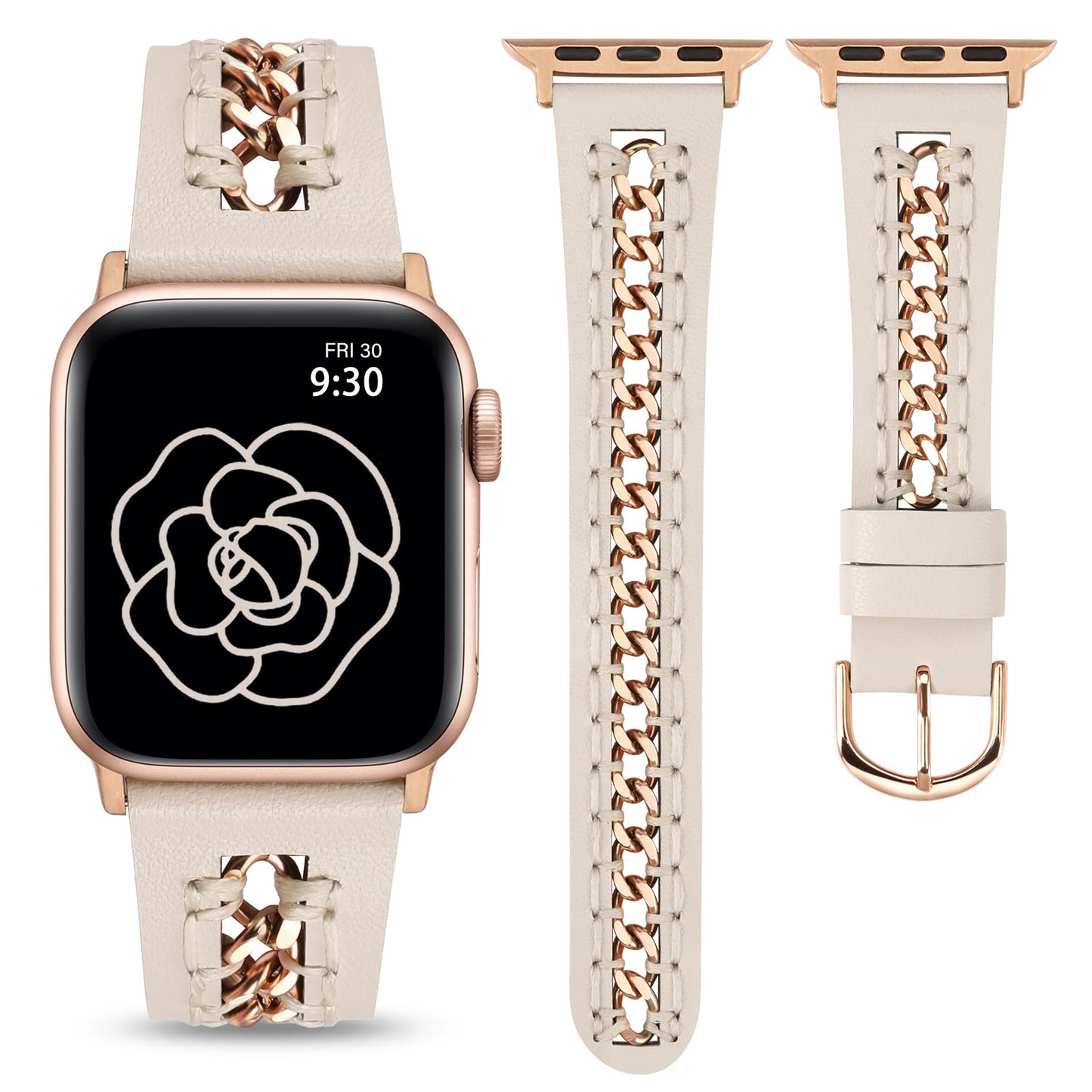 Minyee Leather Band Compatible with Apple Watch Bands 38/40/41/42/44/45/49mm Women,Dressy Designer Premium Leather Strap with Stainless Steel Metal Hollow-out Chain Bracelet for iWatch Ultra 2 Series