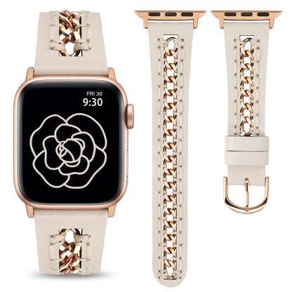 Minyee Leather Band Compatible with Apple Watch Bands 38/40/41/42/44/45/49mm Women,Dressy Designer Premium Leather Strap with Stainless Steel Metal Hollow-out Chain Bracelet for iWatch Ultra 2 Series