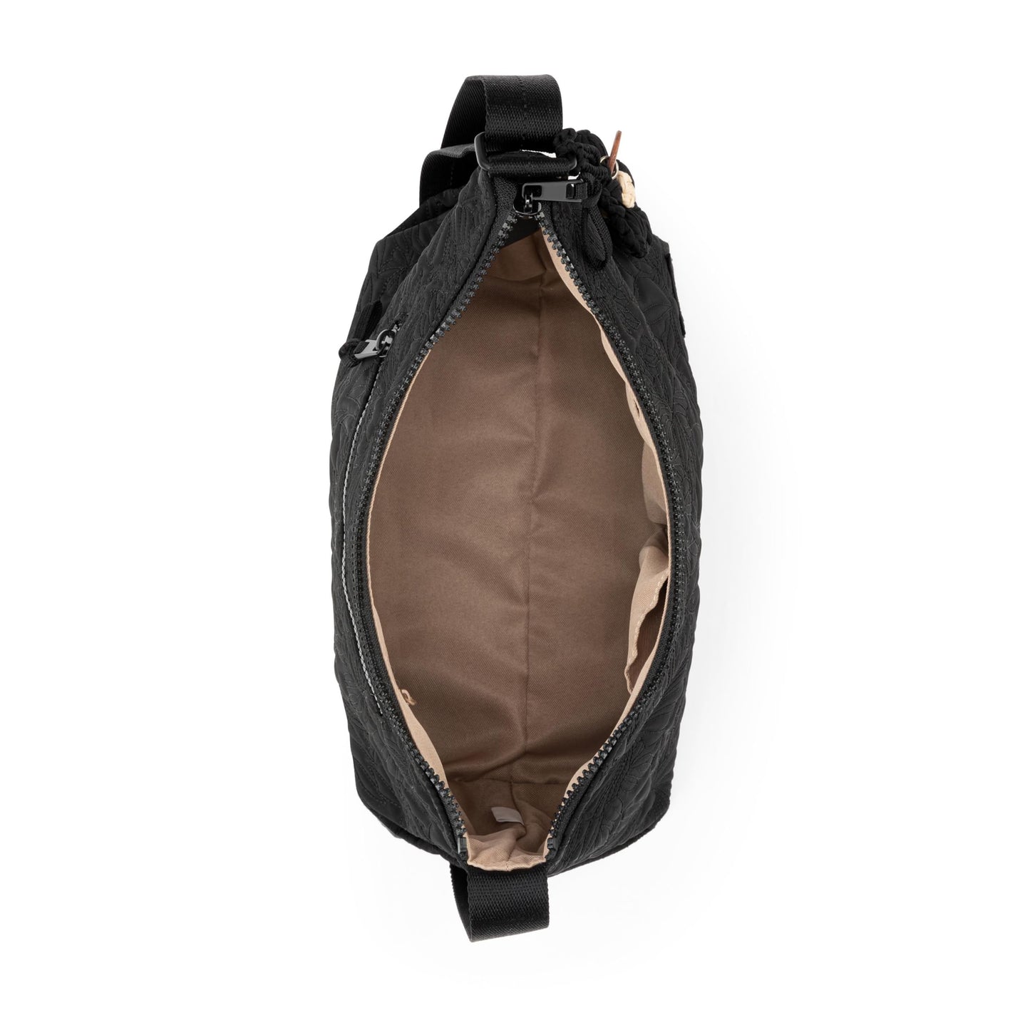 Sakroots Banyan Hobo – Shoulder bag with Zipper Closure, Back Zipper Pocket, detachable key dangle. Lightweight Travel, Work, or Everyday Hobo for Women - Black Flower Blossom Quilt