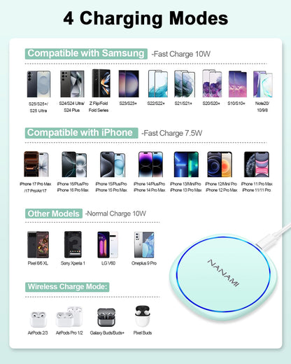 NANAMI Fast Wireless Charger [2 Pack] - Qi Certified Wireless Charging Pad for iPhone 17/17 Pro/17 Pro Max/16/15/14/13/13 Pro/12,10W for Samsung Galaxy S25/S25 Ultra/S24/S24 Ultra/S23/S22, New Airpods