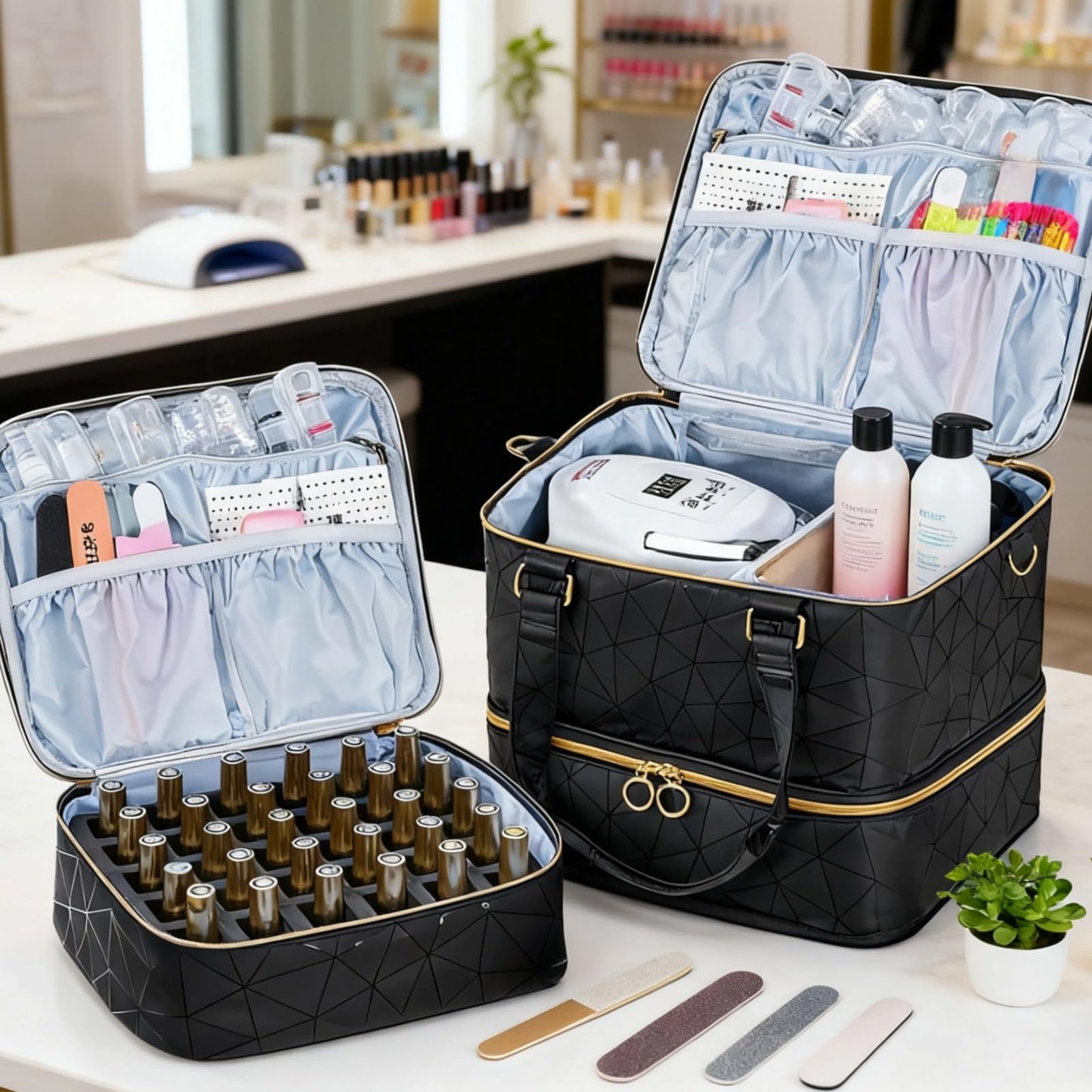 Nail Polish Organizer Case, Detachable 3 Layer PU Leather Storage Holder, Holds 60 Bottles, Shockproof Manicure Bag for Nail Lamp Tools, Portable Travel Supply Carrier (Black)