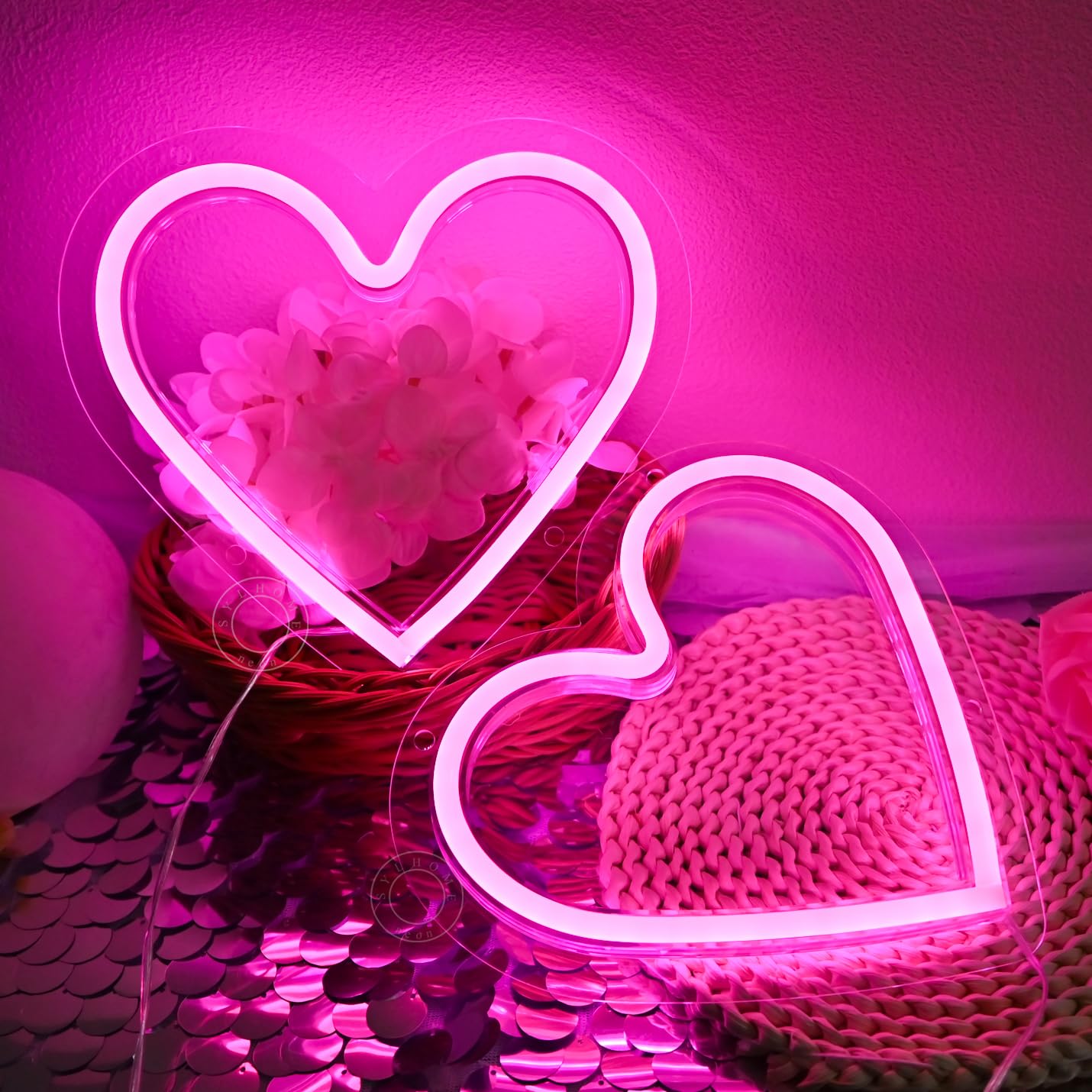 SYLHOME 2 Pack Heart Pink Led Neon Light Sign Battery Operated or USB Powered Bedroom Wedding Wall Sign Decor Valentines Day Birthday Christmas Gifts USB 7.87" X 7.28"