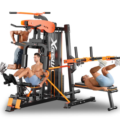 XGSW Multi-Function Home Gym Workout Station, Featuring a Pulley System, arm Trainer, and Leg Trainer for Full-Body Workouts. (L03-3【154LBS】 Three-Person Fitness Station Only)