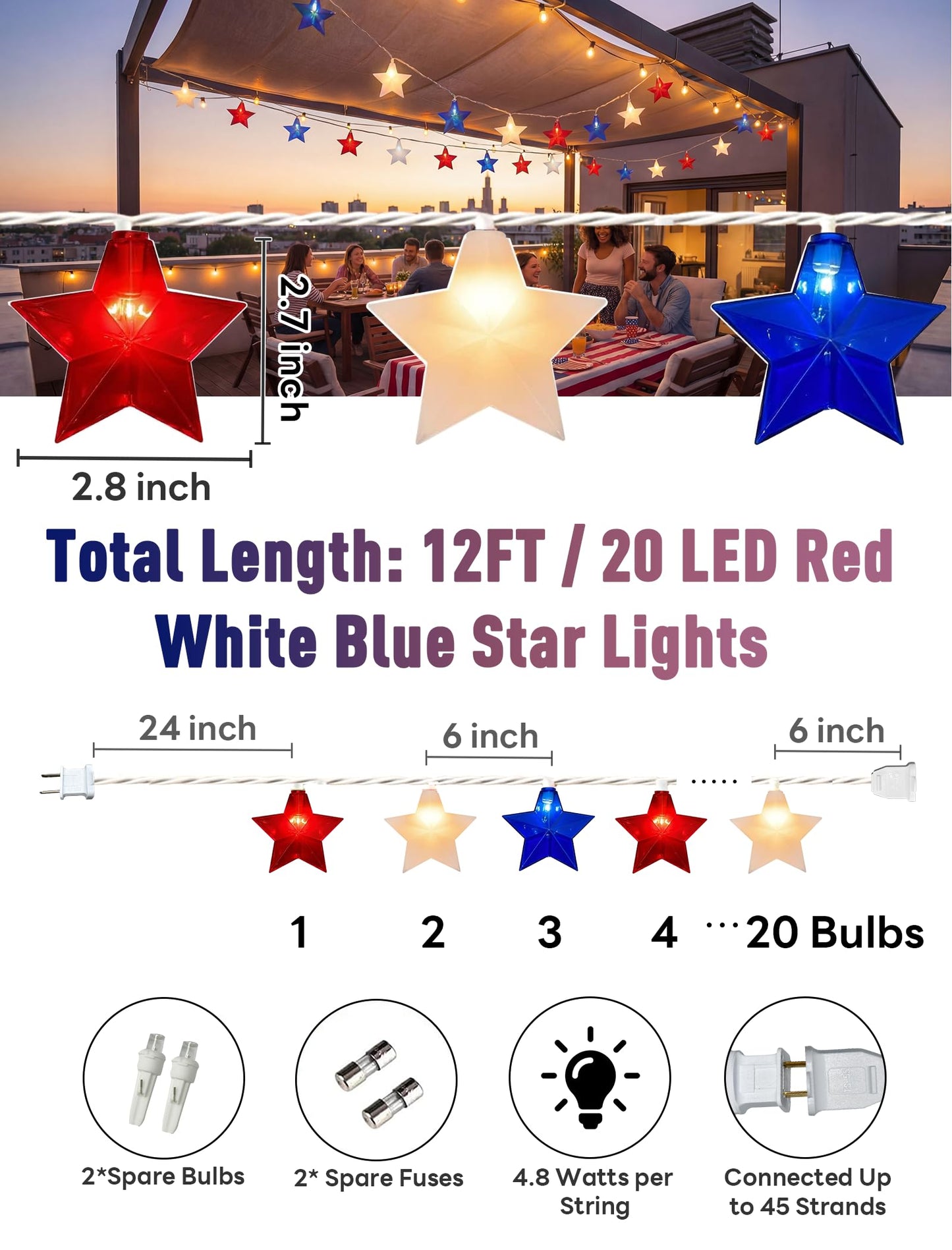 Romasaty 12FT Red White Blue Star String Lights, 4th of July Decorations Lights with 20 LED Star Lights, Plug in Patriotic Lights for Indoor Outdoor Independence Day Memorial Party Home Patio Decor