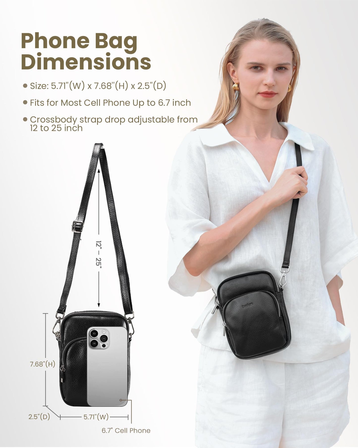 befen Small Black Genuine Leather Cross Body Bags for Women, Women's Adjustable Shoulder Strap Crossbody Purse Bag with Cell Phone Pocket and RFID Card Slots