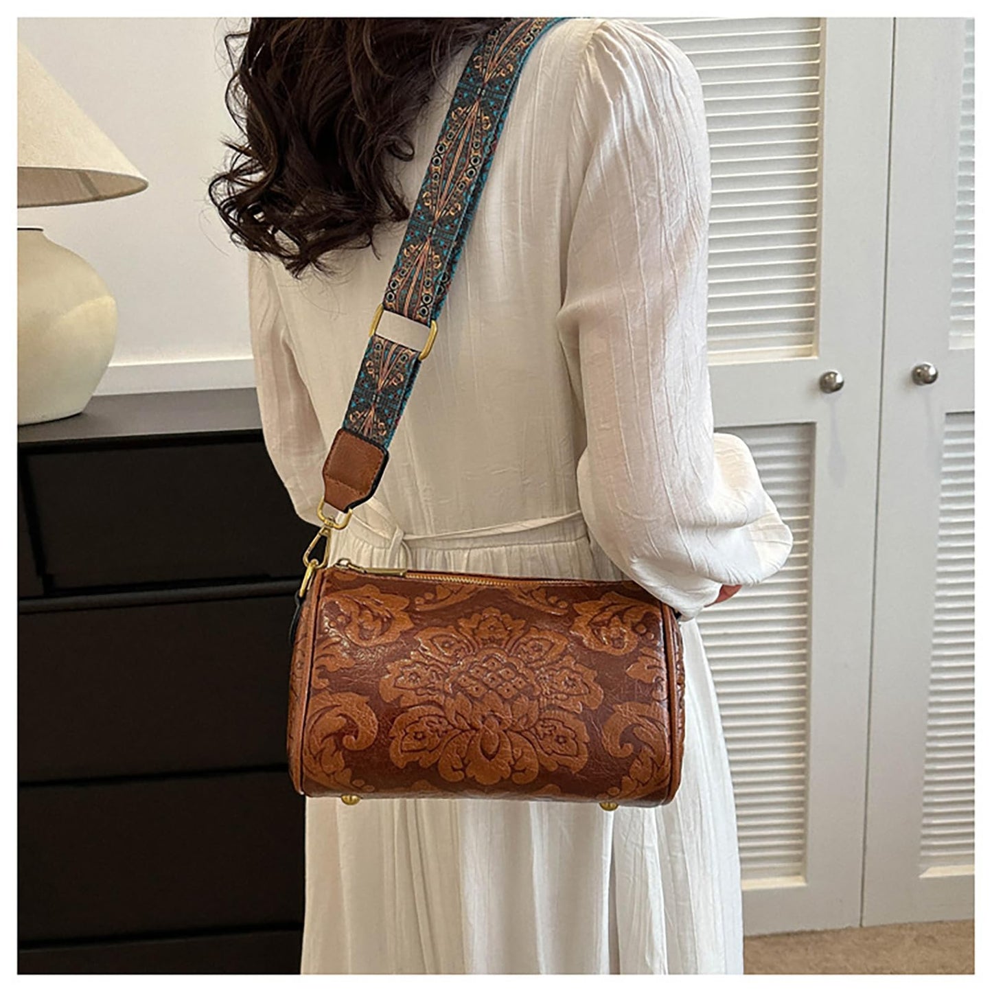 KJDFHNB Small Western Crossbody Bag for Women Trendy Wide Strap Shoulder Bags Design Floral Shoulder Cluth Purse Bag and Handbag (brown)