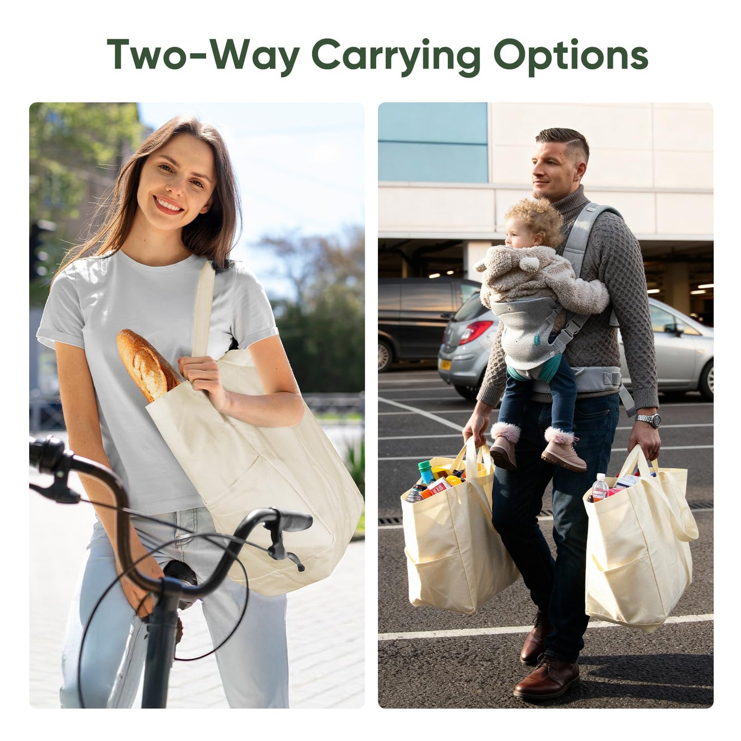 Dwscroad Canvas Tote Bag, Heavy Duty Reusable Grocery Bags with Pockets, Large Shopping Bags for Groceries (3 Pack)
